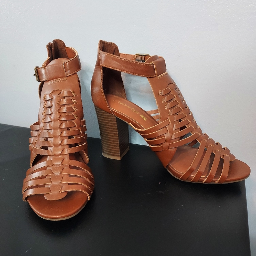 American Eagle Strappy Open Toe Brown Block Sandal Heels Size 7